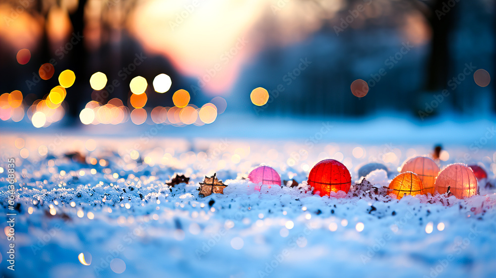 Bright decorations and gifts of different shapes and colors are scattered on the snow on bokeh background. Generative AI technology