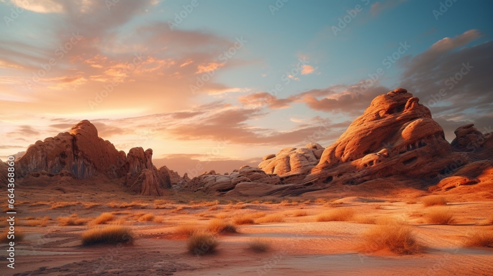 A rugged, weathered desert landscape with intricate rock formations, lit by the warm hues of a setting sun.