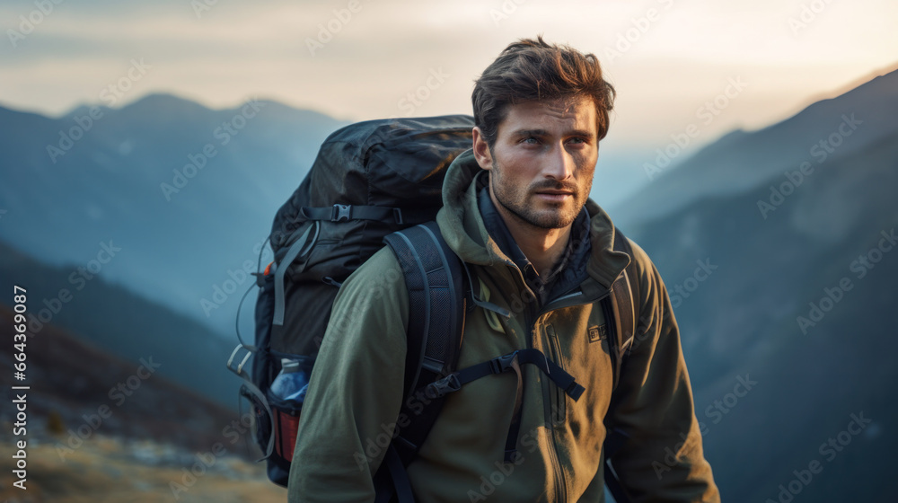Happy young man standing on mountain in foggy weather Happy young man standing on mountain in foggy weather