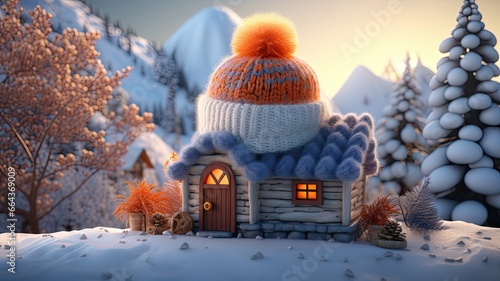A miniature house model wearing a knitted hat, symbolizing a well-heated and comfortable home in the snowy winter weather.