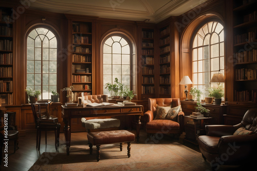 Home Library room Interior Design with windows