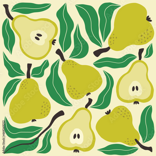 Modern abstract print with pears and leaves. Colorful vector design for cards, invitations, posters and t-shirts 