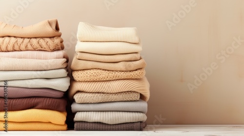 Cozy knitwear carefully arranged in stacks on a wooden shelf with a beige background.