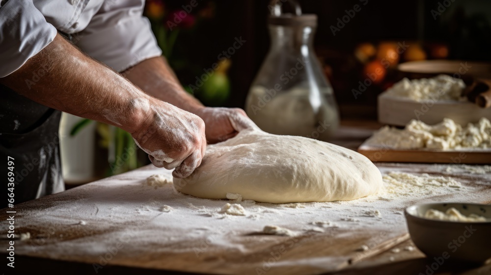 Preparing Pizza Dough - The process of making homemade pizza takes place on a kitchen table.