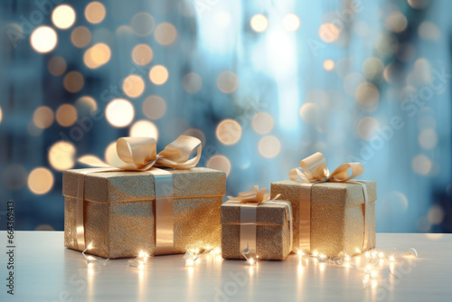 Happy New Year and Christmas Greeting Cards and Gift Boxes. Holidays background