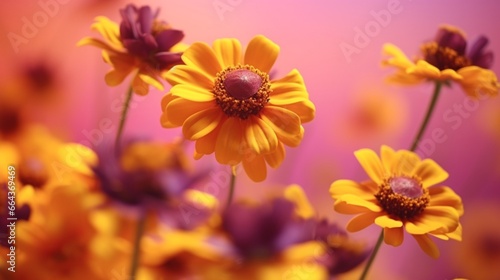 Soft focus macro abstract art background with lovely flowers. yellow blossoms Autumn helenium Nature's Heleniastrum Autumnale on a purple backdrop. © Anmol