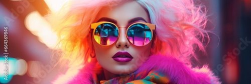 A young woman with reflective glasses.Portrait of a happy dark-haired woman in sunglasses Colourful psychedelic