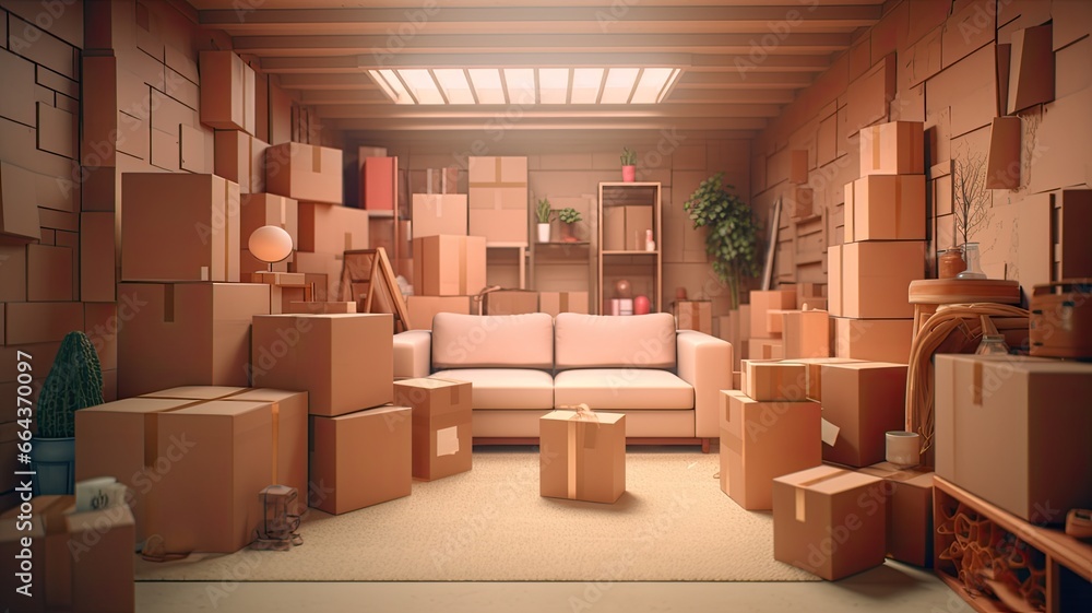 a living room with cardboard boxes filled with household items, highlighting the concept of a seamless move to a new home. a living room with cardboard boxes filled with household items, highlighting the concept of a seamless move to a new home.