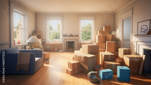 a living room with cardboard boxes filled with household items, highlighting the concept of a seamless move to a new home.