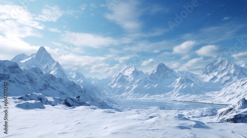 A serene, snow-covered mountain range with sharp, jagged peaks that pierce the sky.