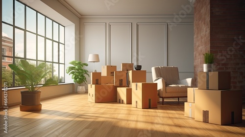 a living room with cardboard boxes filled with household items, highlighting the concept of a seamless move to a new home.
