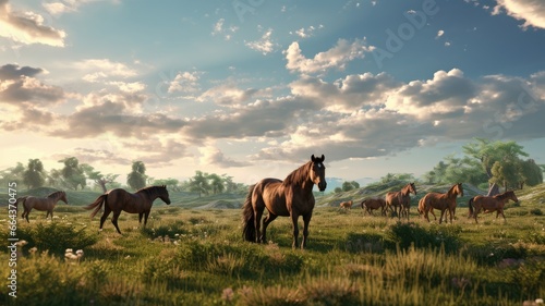 a horse herd leisurely grazing in a sunlit summer pasture. © lililia