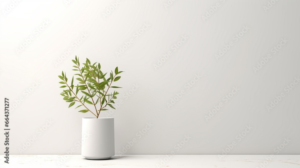 With a pedestal, a light minimal geometric background. Presentation mockup for a natural product. fresh foliage branches on a white wall.