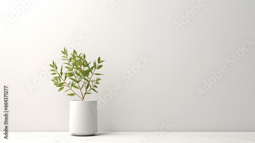 With a pedestal, a light minimal geometric background. Presentation mockup for a natural product. fresh foliage branches on a white wall.