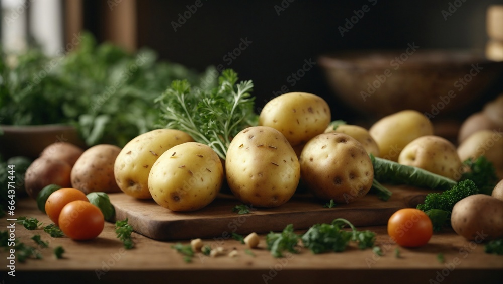potatoes and vegetables in the kitchen, delicious autumn table scene, fresh vegetables on the kitchen table, fresh organic vegetables