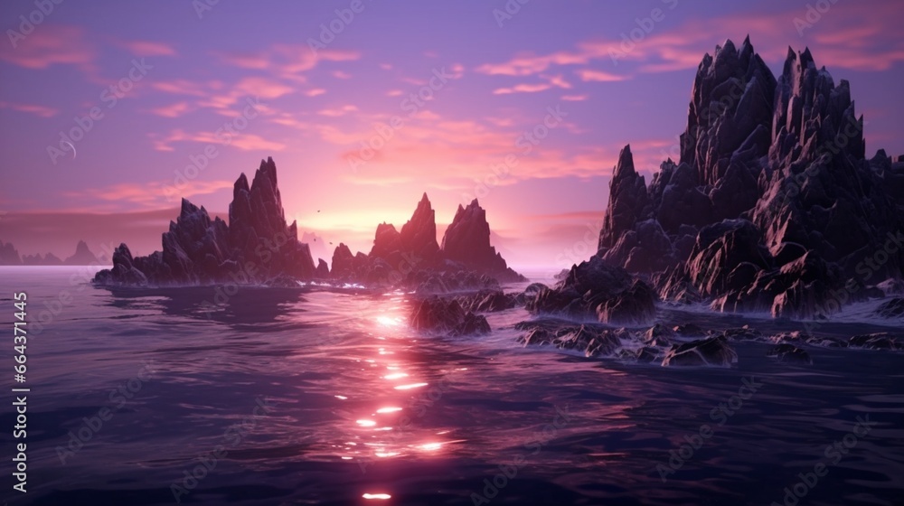 A surreal, rocky seascape with alien-like rock formations rising from the sea, backlit by a surreal, purplish sunset.