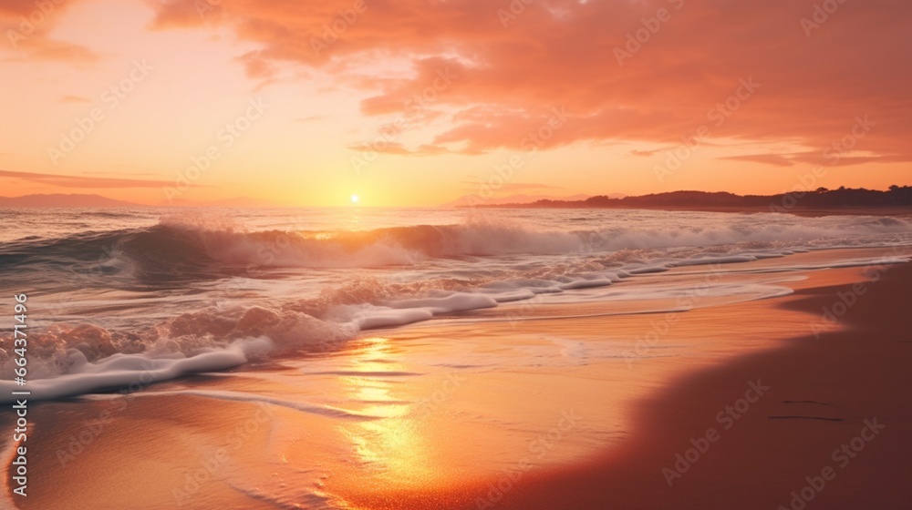 A tranquil beach at sunset, with gentle waves lapping against the shore, casting a warm, orange hue across the scene.
