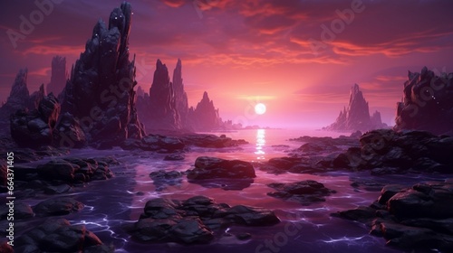 A surreal, rocky seascape with alien-like rock formations rising from the sea, backlit by a surreal, purplish sunset.