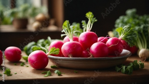 bunch of radishes, fresh vegetables on a wooden table, organic radish, detailed food photography, simple presentation