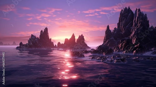 A surreal, rocky seascape with alien-like rock formations rising from the sea, backlit by a surreal, purplish sunset.