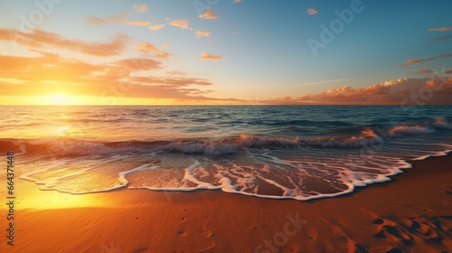 A tranquil beach at sunset, with gentle waves lapping against the shore, casting a warm, orange hue across the scene.