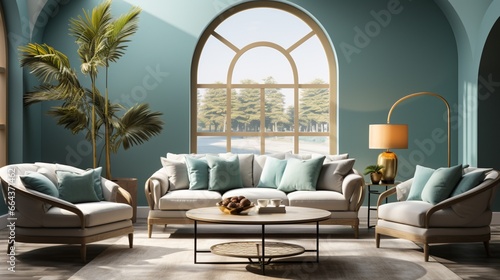 Home design with a brass coffee table and a white armchair in a modern living room with an empty wall and a turquoise arch