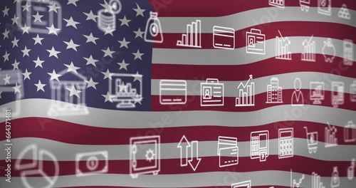 Animation of interface with multiple digital icons against waving usa flag background photo