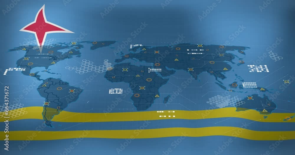 Animation of world map and data processing against waving aruba flag background