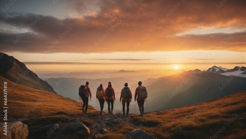 Epic image with hikers reaching the mountain top, sunset