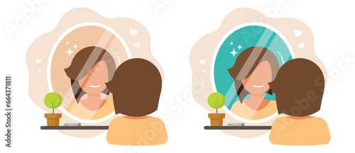Woman looking in mirror happy self pride smiling and love flat cartoon vector illustration, yang girl person in positive mood, character narcissist idea image clipart