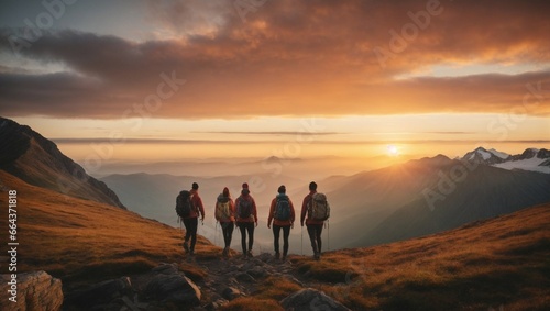 Epic image with hikers reaching the mountain top  sunset