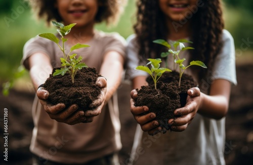 Kids holding soil and plants in hands. Spring nature leaf with human care. Generate Ai