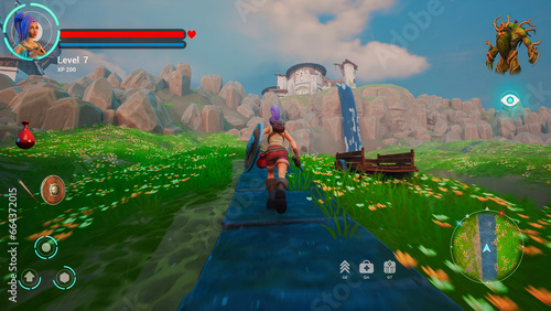 Bilde på lerret Video Game Mock-up Screen: Gameplay of 3D Open World Sandbox Fantasy Video Game