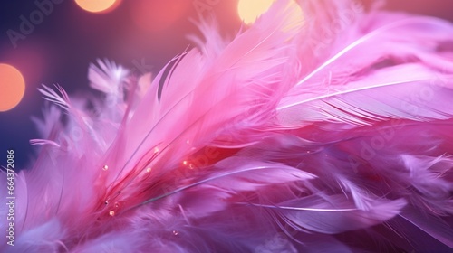 A feather pink bird with sparkles and a translucent dew droplet catch the light in this close-up macro. Elegant, airy, and stylish artwork on a softly blurred background.
