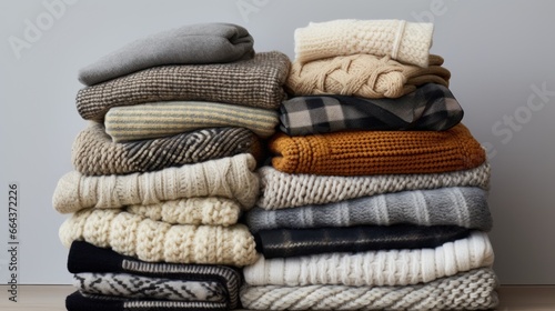 A stack of knitted throw blankets and plaid patterns is arranged on a weathered gray backdrop.