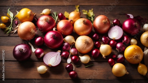 red and yellow onions, delicious autumn table scene, fresh vegetables on the kitchen table, fresh organic vegetables