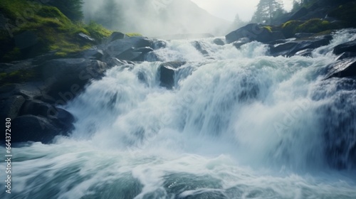 A close-up view of a cascading waterfall, capturing the dynamic beauty of rushing water and mist.