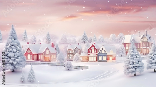 Winter cute town with snow-covered street and cozy houses. Town landscape background, greeting card. Generative AI © AngrySun