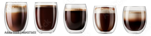 Coffee, cappuccino and latte in transparent glasses with a double bottom on a transparent background