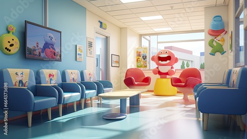a modern hospital s children s reception area  adorned with adorable toys resting on chairs  exuding comfort and reassurance.