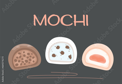 Traditional japanese daifuku Mochi. Asian sweet food. Rice fruit dessert. Hand drawn flat vector illustration. Mochi dessert on black background