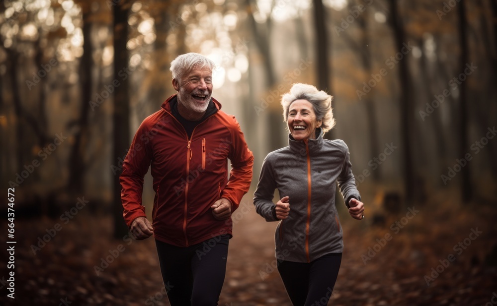 An active elderly couple enjoys their morning routine, jogging in the park, promoting a healthy and energetic lifestyle in their retirement years An active elderly couple enjoys their morning routine, jogging in the park, promoting a healthy and energetic lifestyle in their retirement years