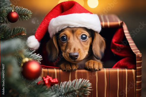 Cute puppy dachshund in Santa cap in Christmas box photo