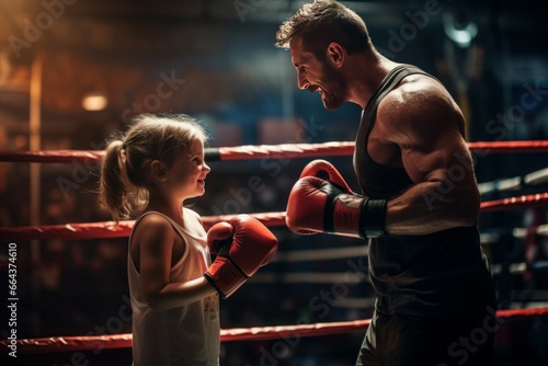 Little girl training with coach in boxing ring in evening. Sport boxer trainer beat classes. Generate Ai