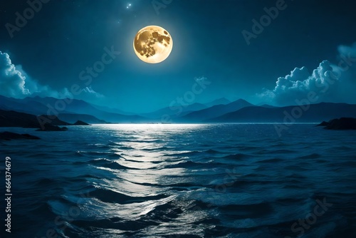 wolf at the dark night with deep moon scary view with moon shine in the lake 