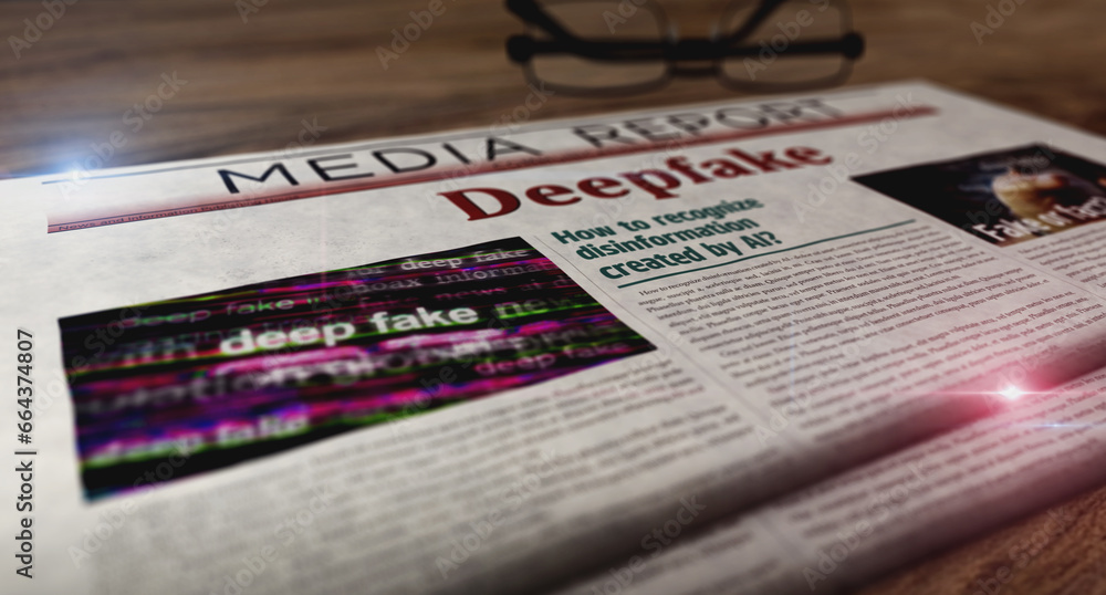 Obraz premium Deepfake AI disinformation fake news newspaper on table