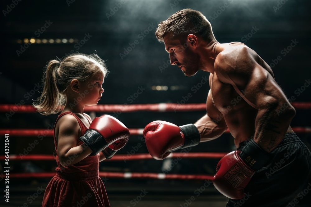 Little girl training with coach in boxing ring in fight. Person small workout activity. Generate Ai