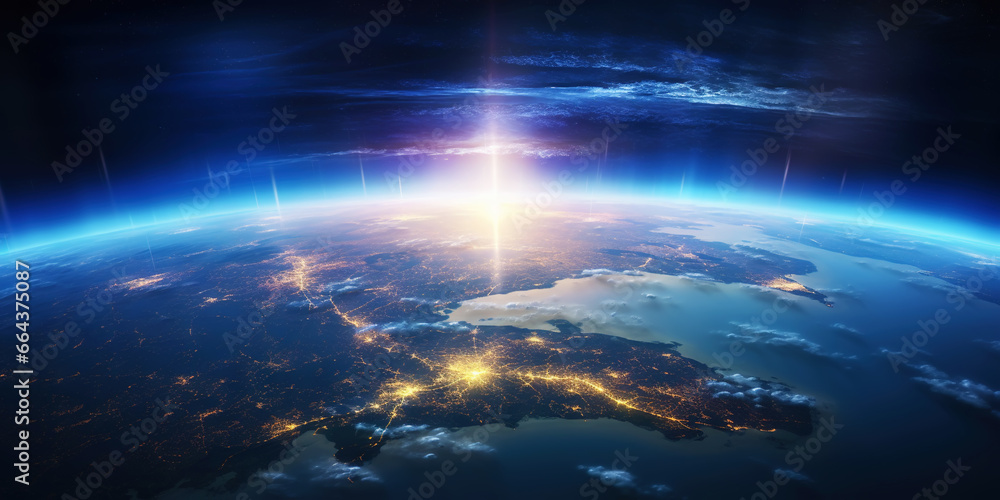 Panoramic view on planet Earth globe from space with rising sun. Glowing city lights, light clouds. Generative AI - obrazy, fototapety, plakaty 