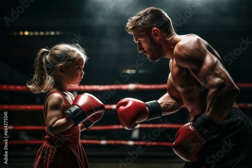 Little girl training with coach in boxing ring in fight. Person small workout activity. Generate Ai © nsit0108