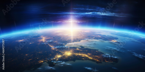 Wallpaper Mural Panoramic view on planet Earth globe from space with rising sun. Glowing city lights, light clouds. Generative AI Torontodigital.ca